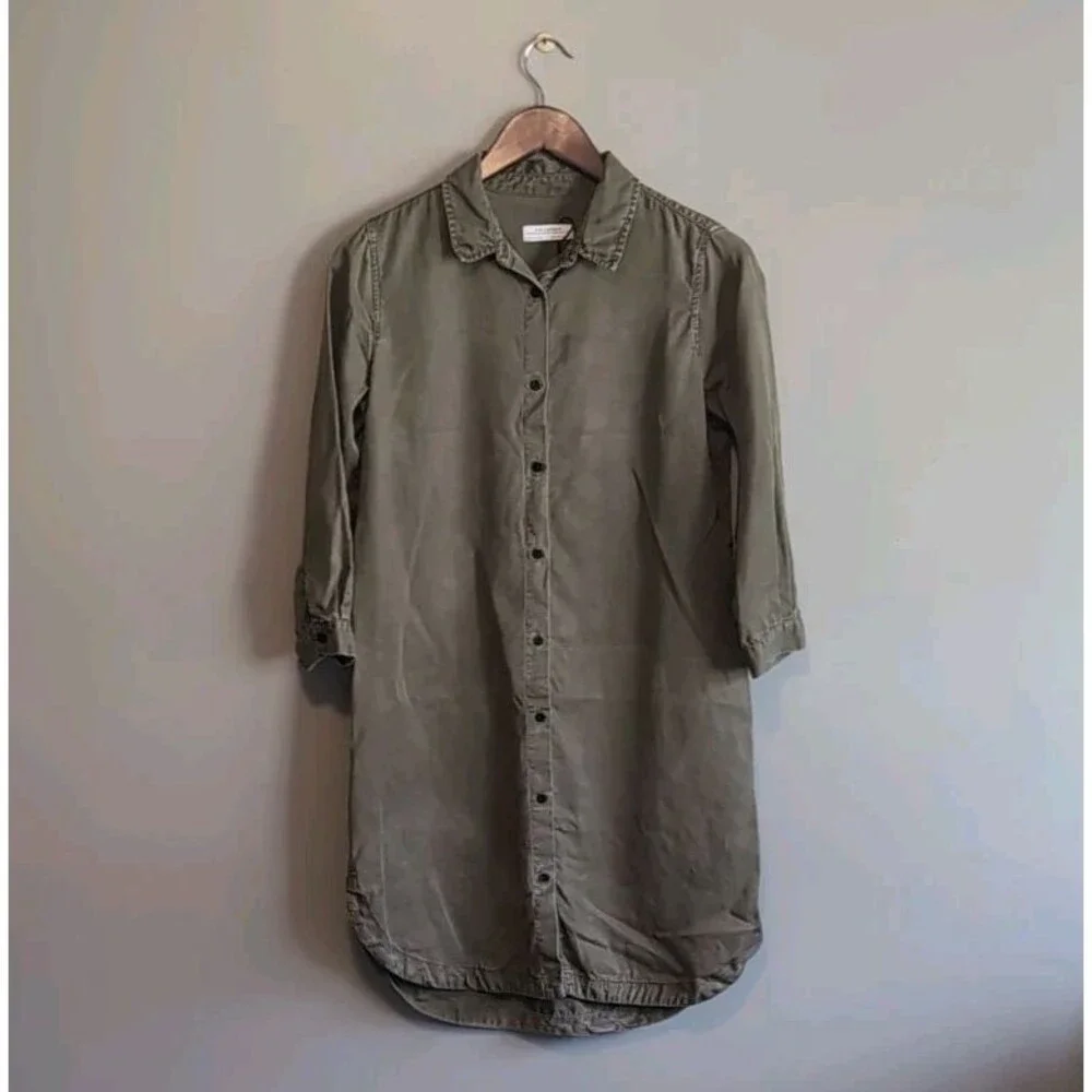 Zara XS Olive Green Denim Dress Button Up Shirt Mini Utility Military Straight